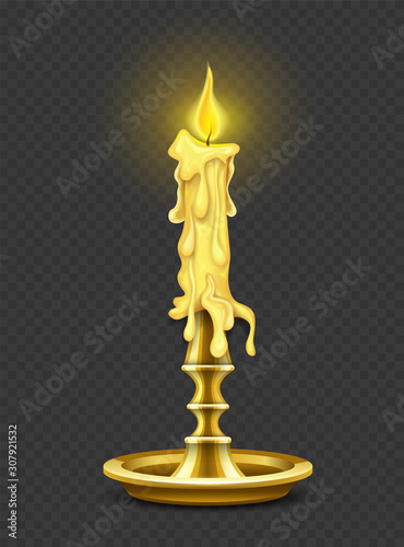Burning candle in bronze candlestick, Isolated on dark grid background. Eps10 vector illustration.