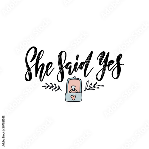 Bridal greeting card with marriage accessories and text: she said yes. Tender pink composition with Engagement Ring Box for wedding, nuptials, hen-party invitation cards. Isolated watercolor vector photo