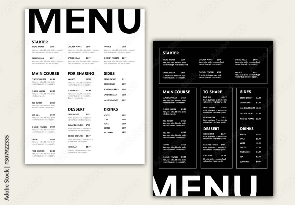 Black and White Menu Layout Stock Template | Adobe Stock black-and-white-menu-layout-stock-template-adobe-stock