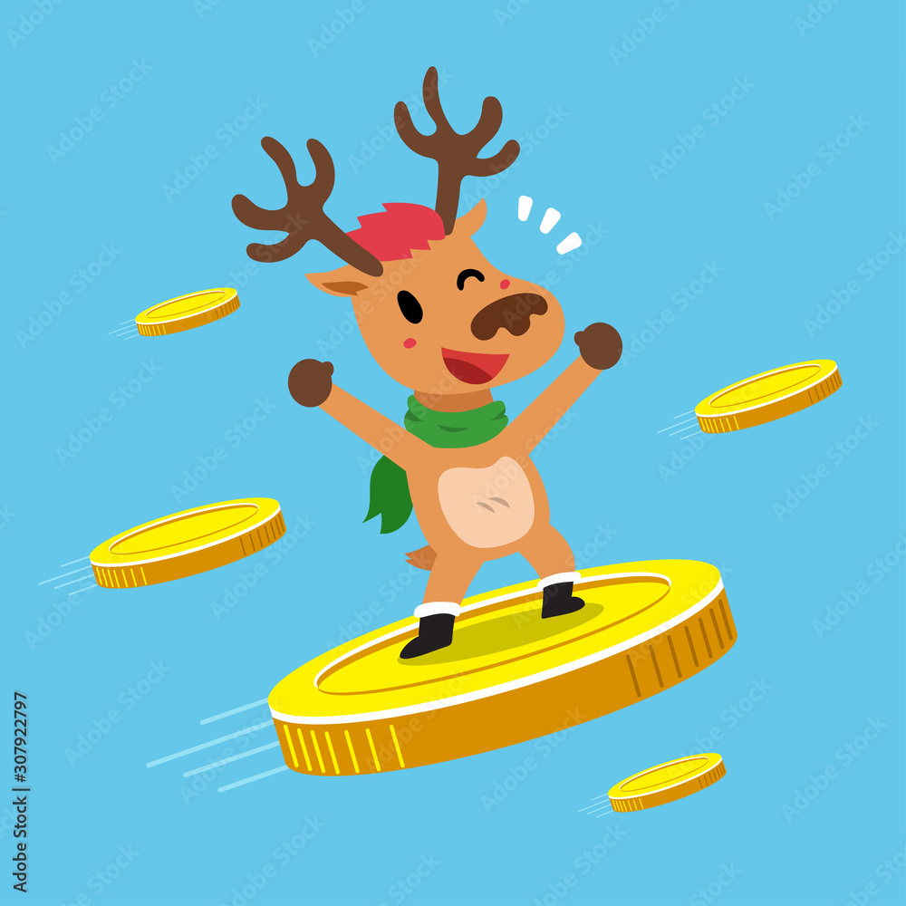 Merry Christmas vector cartoon character reindeer with big coins for design.