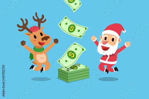 Vector cartoon happy christmas santa claus and reindeer earning money for design. © jaaakworks