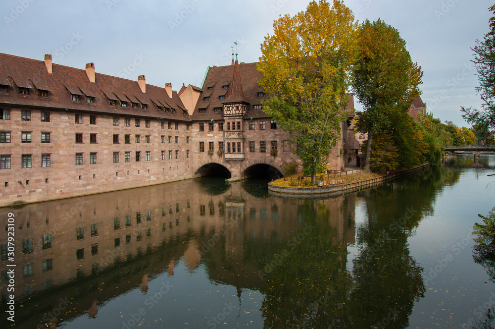 A view of Pegnitz river from Museumsbrücke in Nuremberg, Germany.