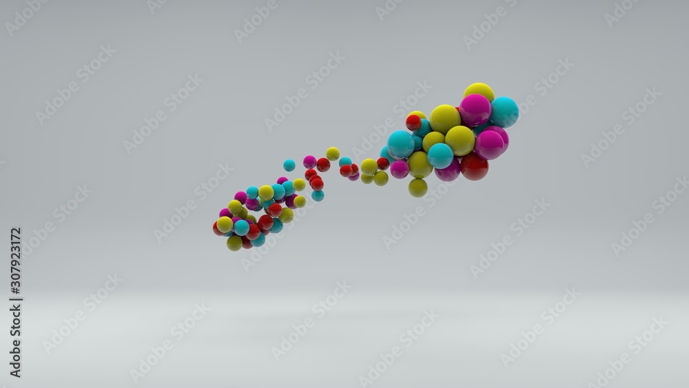 3D illustration of many colored balls of different sizes on a white background. Vitamins in space, a burst of laughter and energy. Abstract composition, 3D rendering