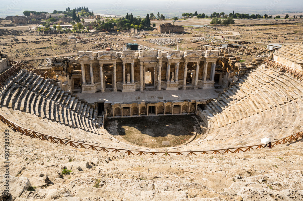View of ruins of ancient amphitheater in Hierapolis