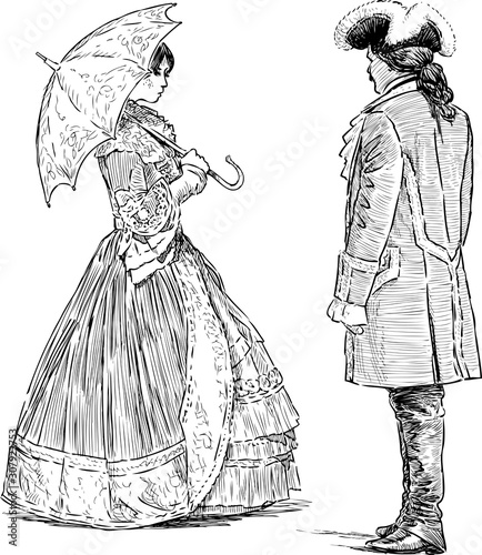 Sketches of lady and gentlemen in luxury historical costumes standing and talking photo