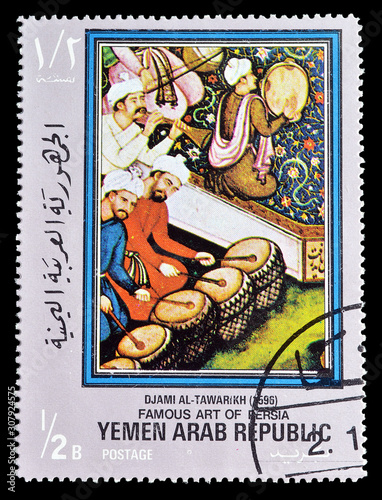 Cancelled postage stamp printed by Yemen Arab Republic, that shows Famous art of India and Persia, circa 1971. photo