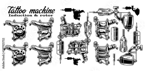 Graphic detailed black and white metal induction and rotor tattoo machines. Isolated on white background. Vector icon set.