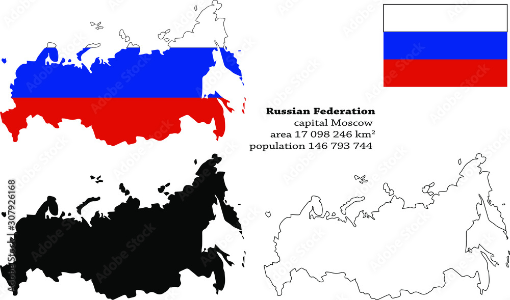 Fototapeta premium Russia Russian Federation vector map, flag, borders, mask , capital, area and population infographic
