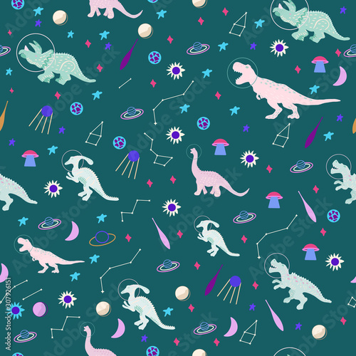Space dino seamless pattern on teal.
