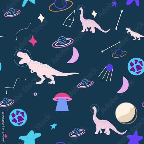 Space dino girl seamless pattern on blue.
