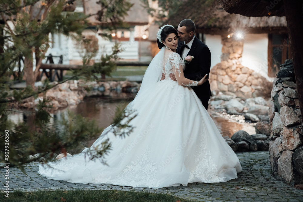 Beautiful couple, bride and groom posing. Young wedding couple walking together. Beautiful wedding couple kissing and embracing outdoor. One beautiful wedding day Beautiful couple, bride and groom posing. Young wedding couple walking together. Beautiful wedding couple kissing and embracing outdoor. One beautiful wedding day