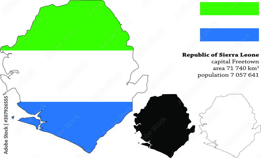 Obraz premium Republic of Sierra Leone, informally Salone vector map, flag, borders, mask , capital, area and population infographic