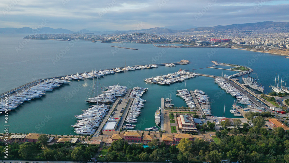 Obraz premium Aerial drone photo of famous port and Marina of Faliro or Phaleron in South Athens riviera, Attica, Greece