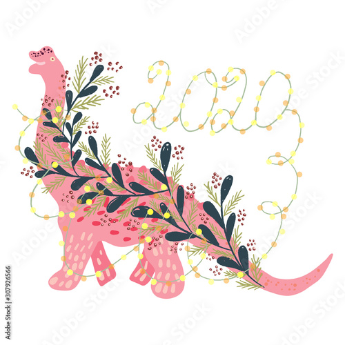Cute pink girl Christmas Dinosaur with festive lights and sign 2020.
