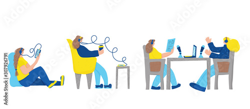 Podcast vector concept. Girl with audio stuff.