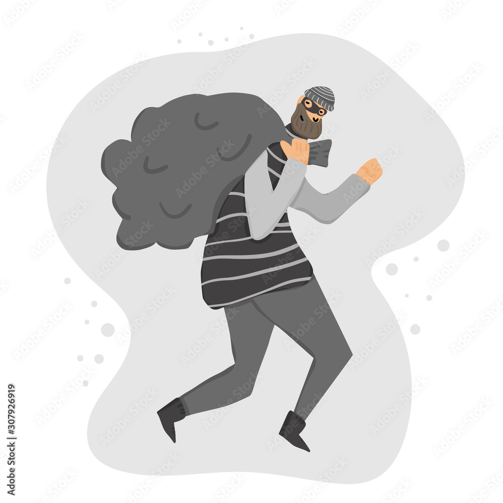 Fototapeta premium Thief with bag. Vector hand drawn bandit isolated.