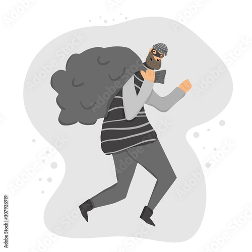 Thief with bag. Vector hand drawn bandit isolated.