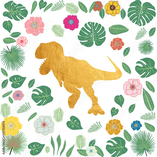 Gold Dinosaur with tropical flowers and leaves on white.