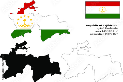 Republic of Tajikistan  vector map, flag, borders, mask , capital, area and population infographic