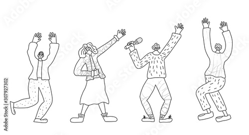 Happy people dancing and singing isolated on white