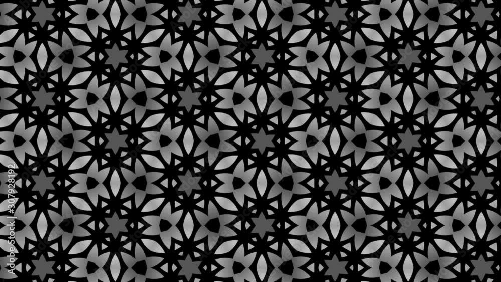 Graphic motif in black and white composed of floral motifs with stroboscopic and hypnotic effect, which rotates clockwise and increases in size Graphic motif in black and white composed of floral motifs with stroboscopic and hypnotic effect, which rotates clockwise and increases in size