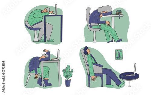 Tired person sitting and sleeping. Vector design.