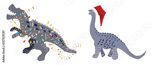 Christmas Dinosaur with festive lights and red Santa hat isolated on white background. Merry Christmas and Happy New Year composition design print for cards, stickers, apparel, home decor. Vector.