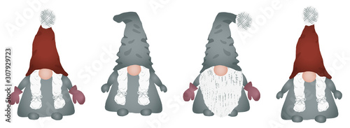 Scandinavian folklore christmas gnomes collection Nisse or Tomte dwarf or elf in red hat. Cute nordic christmas fairytale characters isolated on white background. Flat cartoon vector illustration.