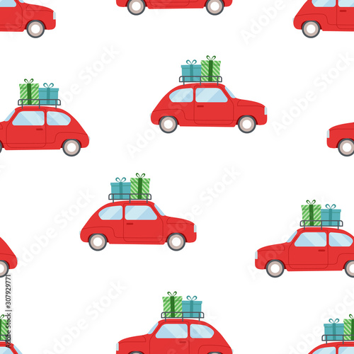 Christmas seamless pattern with red car with gifts on the roof. Vector illustration
