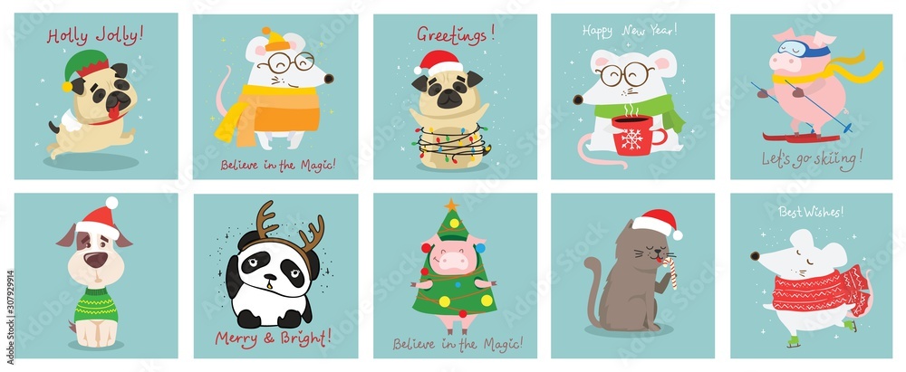 Obraz premium Vector illustration of Christmas cats, rats, pigs and dogs with Christmas and new year greetings. Cute pets with holiday hats