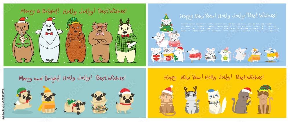 Fototapeta premium Vector illustration of Christmas cats, rats, pigs and dogs with Christmas and new year greetings. Cute pets with holiday hats