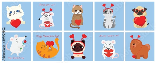 Vector illustration card with cute cartoon little Valentine cats, dogs, rats in love and funny greeting text Happy Valentine's Day