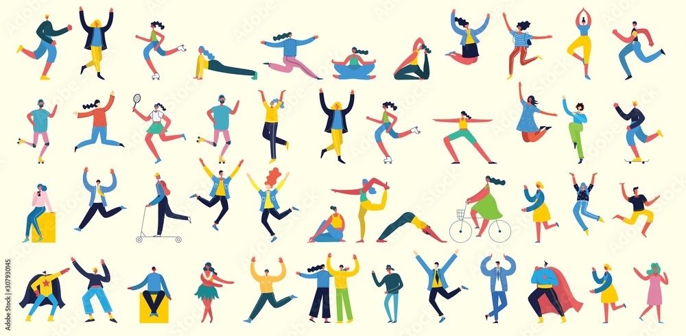 Vector illustration in a flat style of different activities people jumping, with smarthones, travel, dancing, walking, business, couple in love, doing sport, have party