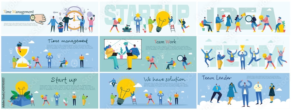 Vector illustration of Connection, Team leader, Online review, Time mamagement, Coworking space, Start up, Team work backgrounds