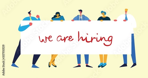 We are hiring or job recruitment banner in the flat design. Vector illustration of people recruiting new employees, workers.
