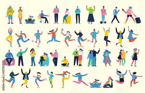 Bundle of cartoon men and women performing outdoor activities on city street. Flat colorful vector illustration people walking,standing, talking, running, jumping, sitting, dancing