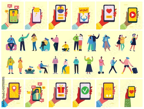 Connection background with people with laptop and smartphones. Chat, email messaging, sms, mobile concepts for web sites, web banners in modern flat design