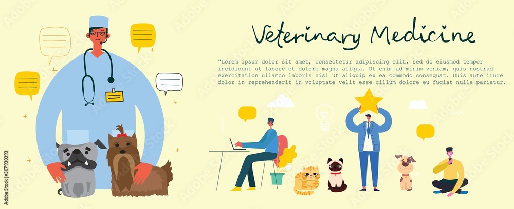 Vector conept illustration veterinary doctor with a cat and two dogs in a veterinary office. Pets visitining a vet in the flat style