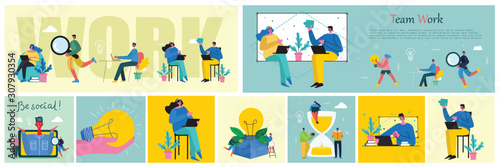 Office work and remote work, freelance. People working on computer. Vector illustration of concept of Online education, training, workshops and scenes at office.