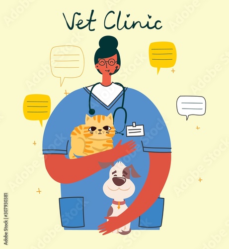 Vector conept illustration veterinary doctors with cats and dogs in a veterinary office. Pets visitining a vet in the flat style