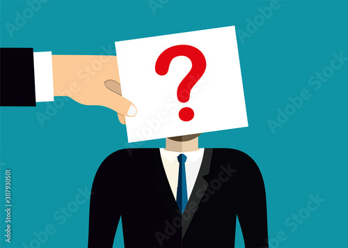 A sheet of paper with a question mark covers the face of a business man. Vector illustration. Flat design.