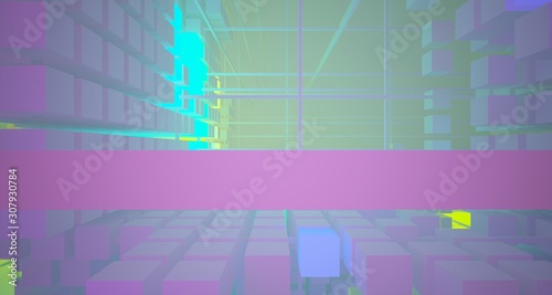 Abstract architectural white interior from array cubes with color gradient neon lighting. 3D illustration and rendering.