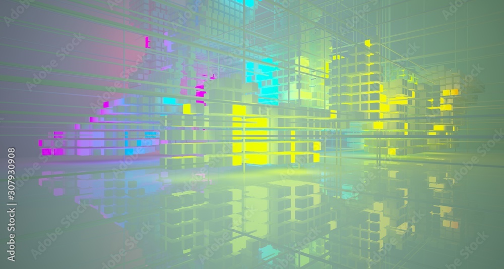 Fototapeta premium Abstract architectural white interior from array cubes with color gradient neon lighting. 3D illustration and rendering.