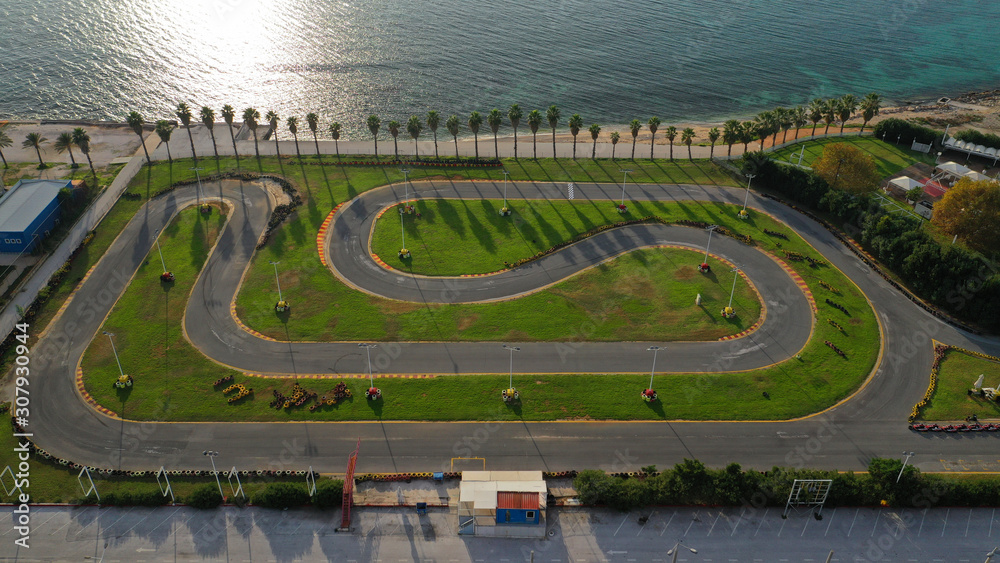 Aerial drone photo of seaside go kart race track in exotic destination
