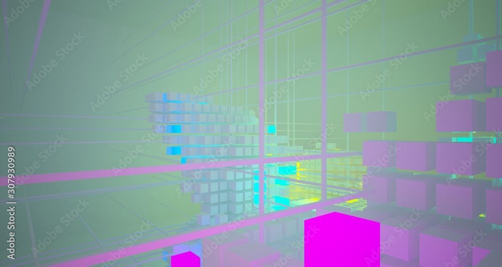 Obraz premium Abstract architectural white interior from array cubes with color gradient neon lighting. 3D illustration and rendering.