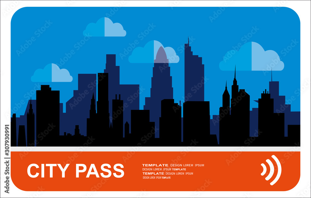 City pass. Bus, train, subway travel ticket with cashless payment system. Card with map of city with roards and houses. Vector illustration in flat style