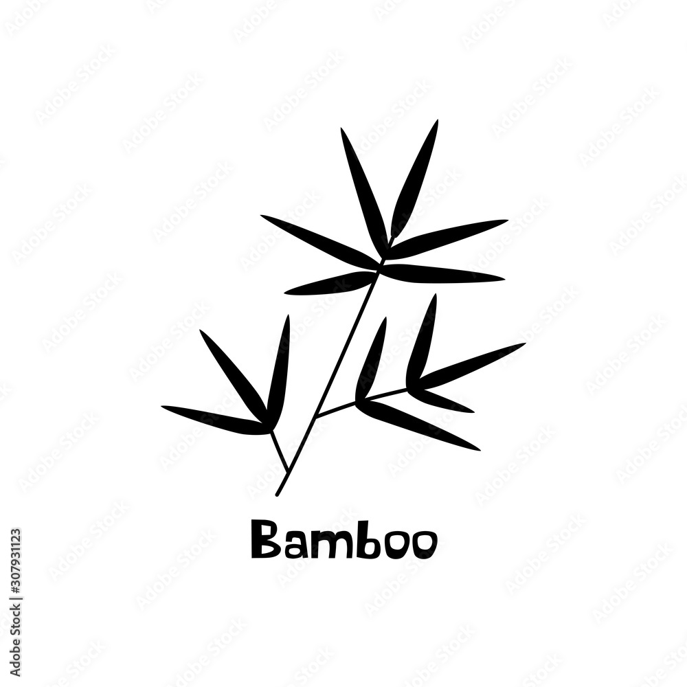 A branch with bamboo leaves black and white illustration with an inscription. Sketch. Tropical plant of Asian countries, China, Japan, Korea. Icon vector A branch with bamboo leaves black and white illustration with an inscription. Sketch. Tropical plant of Asian countries, China, Japan, Korea. Icon vector