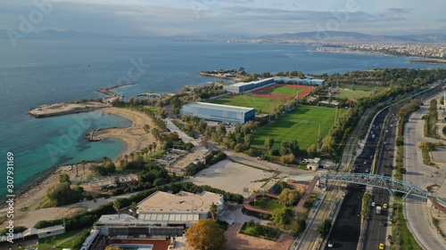 Aerial drone photo of famous seaside go kart track in Agios Kosmas area, South Athens riviera, Attica, Greece