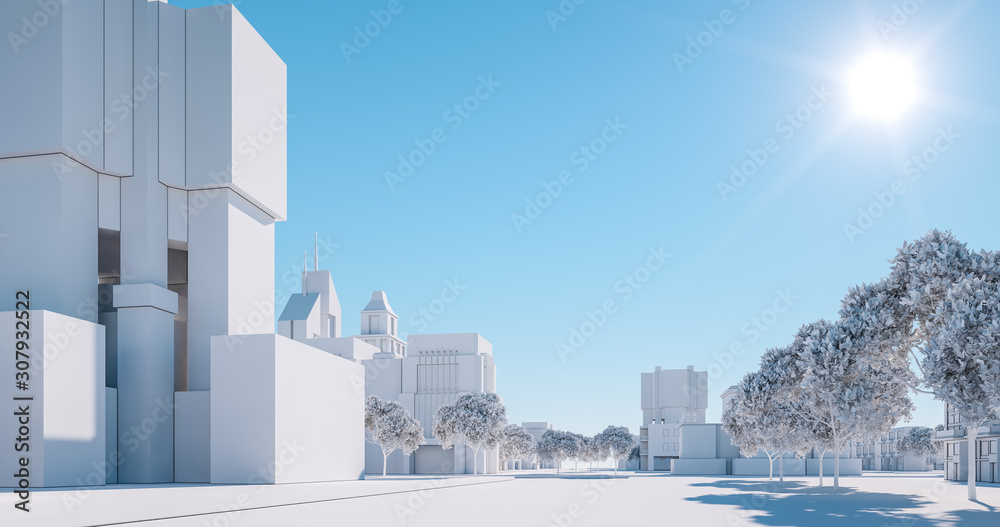 Miniature city model, regular street view. 3D render