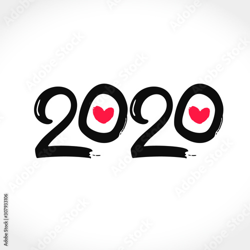 Flat template 2020 with red hearts. Happy New Year 2020 vector logo. Design template card, cover, calendar, brochure, poster, banner. 